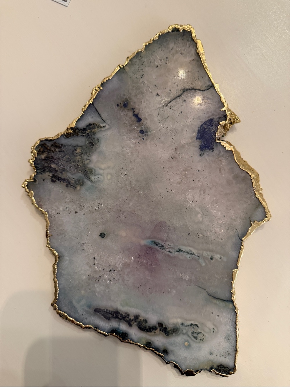 Anthropologie blue and White Agate Display with Gold Trim
